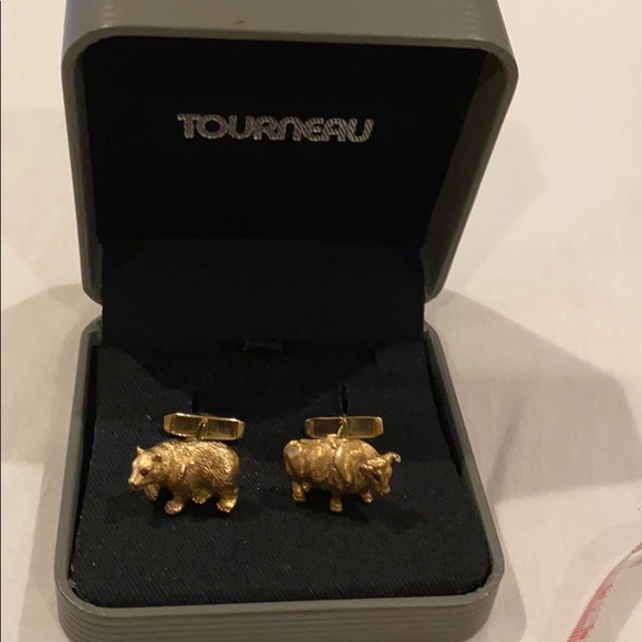 TOURNEAU 14K GOLD HEAVY BULL & BEAR CUFFLINKS WITH REAL RUBY EYES - Picture 10 of 10